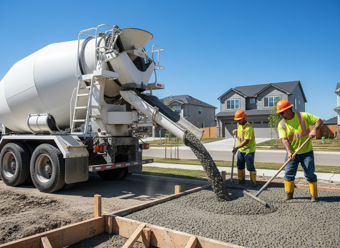 Concrete crew pouring from truck