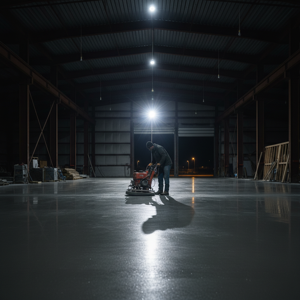 Concrete contractor troweling a slab at night